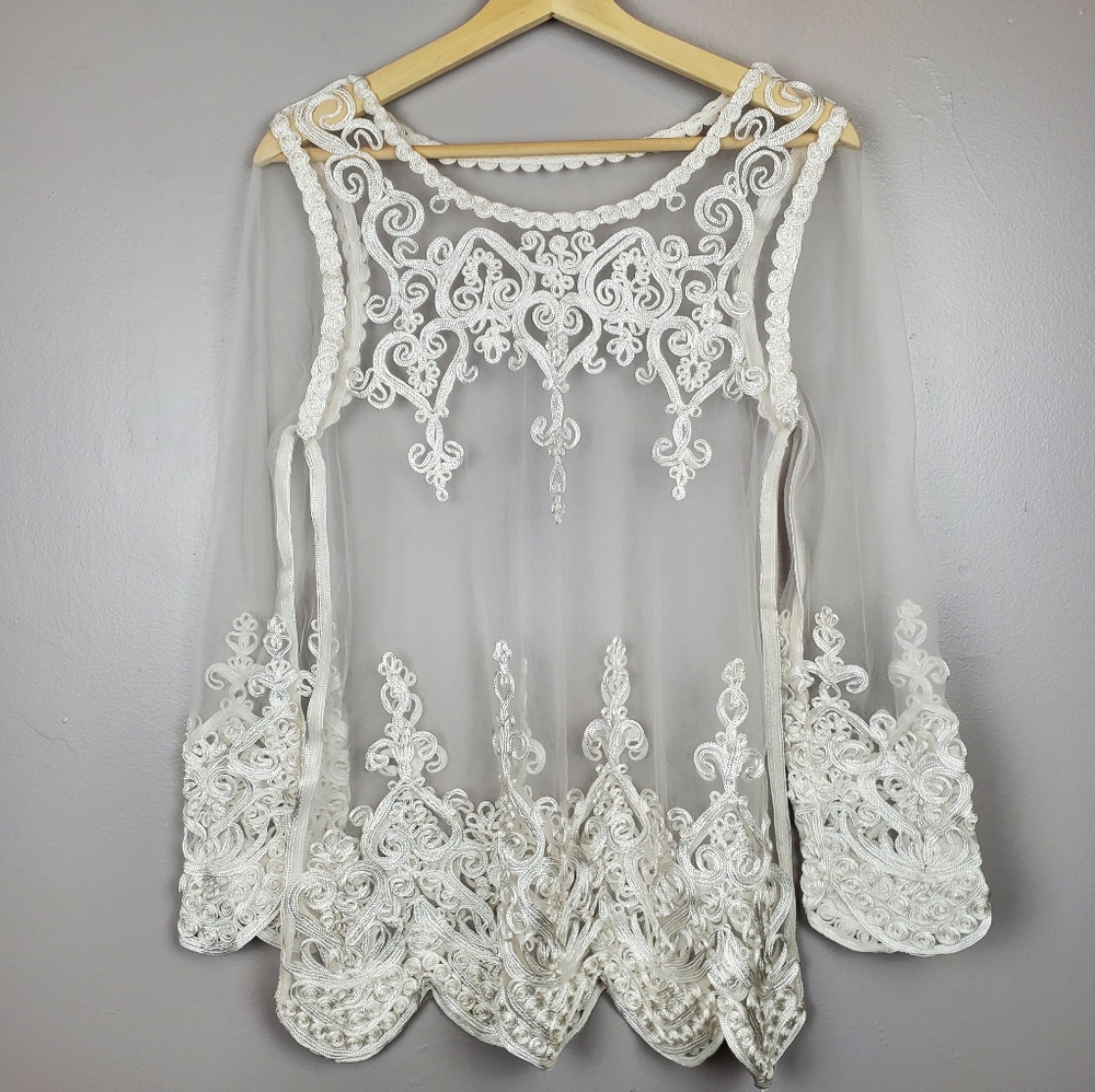 Vintage White Ribbon Tulle Lace Tunic Blouse